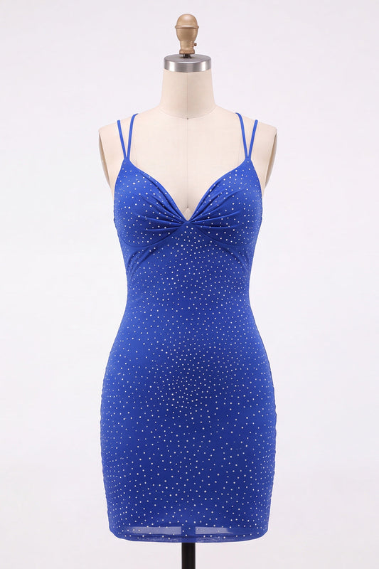 Royal Blue Bodycon Beaded Short Homecoming Dress with Lace-Up Back
