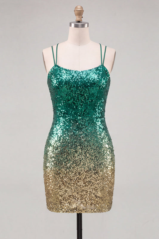 Sparkly Green and Gold Sequins Bodycon Short Homecoming Dress with Lace Up Back