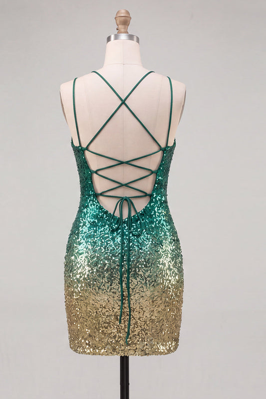 Sparkly Green and Gold Sequins Bodycon Short Homecoming Dress with Lace Up Back