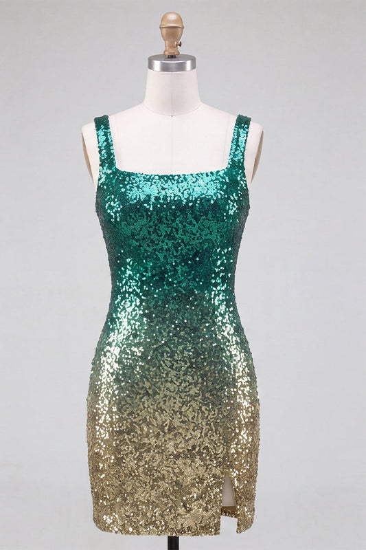 Sparkly Green and Gold Bodycon Square Neck Sequin Homecoming Dress with Slit