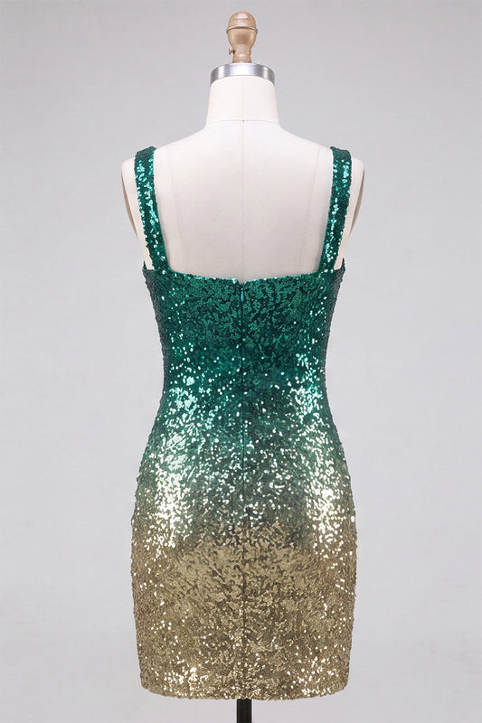Sparkly Green and Gold Bodycon Square Neck Sequin Homecoming Dress with Slit