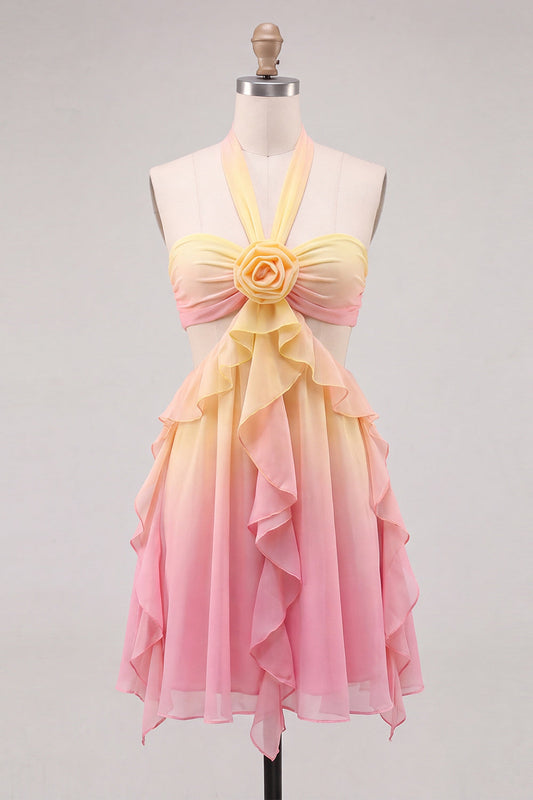 Yellow and Pink A-Line Chiffon Ruffled Halter Neck Homecoming Dress with 3D Flower