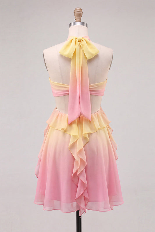 Yellow and Pink A-Line Chiffon Ruffled Halter Neck Homecoming Dress with 3D Flower