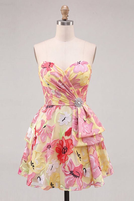 Pink A-Line Sweetheart Floral Ruched Beaded Homecoming Dress