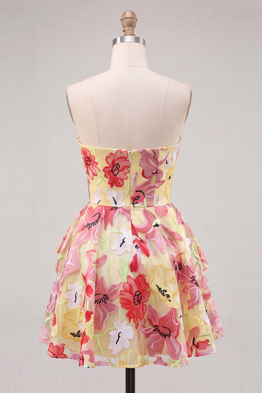 Pink A-Line Sweetheart Floral Ruched Beaded Homecoming Dress