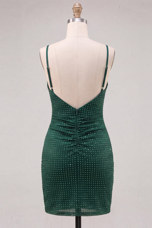 Robe de bal bustier froncée vert foncé à bretelles spaghetti perlée avec fente