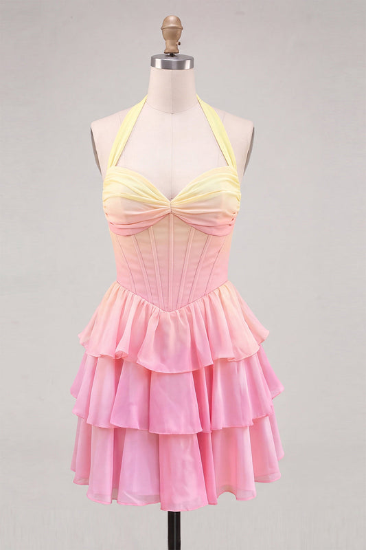 Robe de bal de fin d'année en mousseline avec corset et superposition, en ligne A, jaune et rose, avec un col dos nu