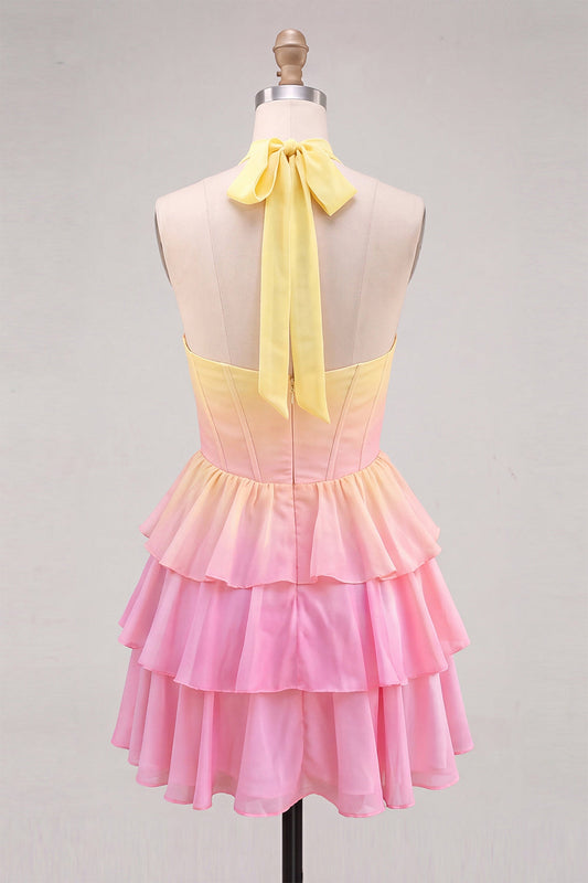 Robe de bal de fin d'année en mousseline avec corset et superposition, en ligne A, jaune et rose, avec un col dos nu