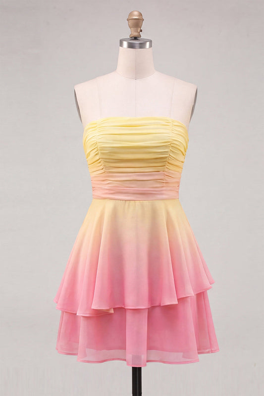Yellow and Pink Strapless A-Line Ruched Tiered Chiffon Homecoming Dress