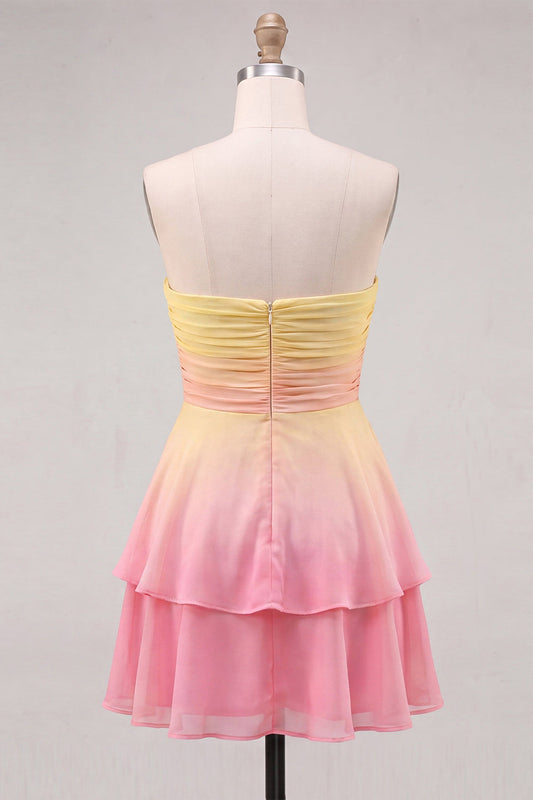 Yellow and Pink Strapless A-Line Ruched Tiered Chiffon Homecoming Dress