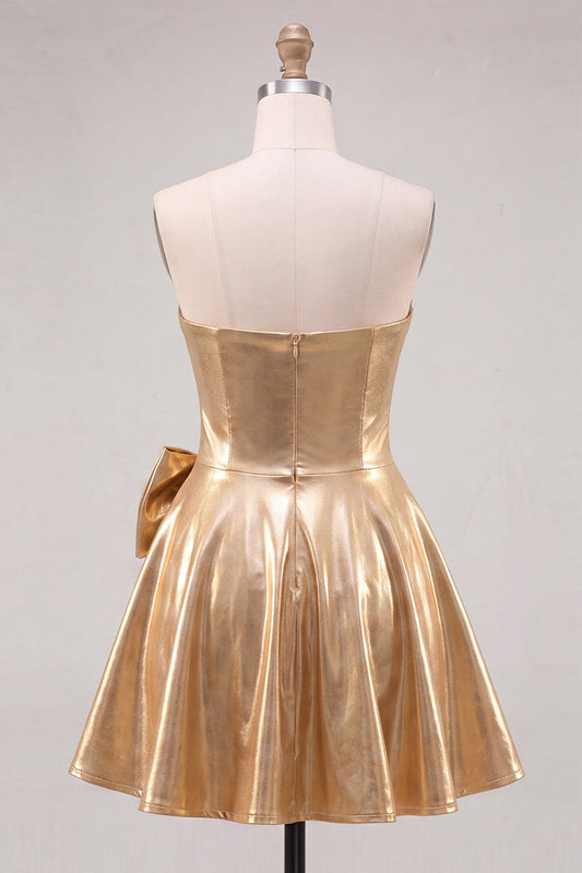 Gold Metallic Sweetheart A-Line Beaded Homecoming Dress with Bow