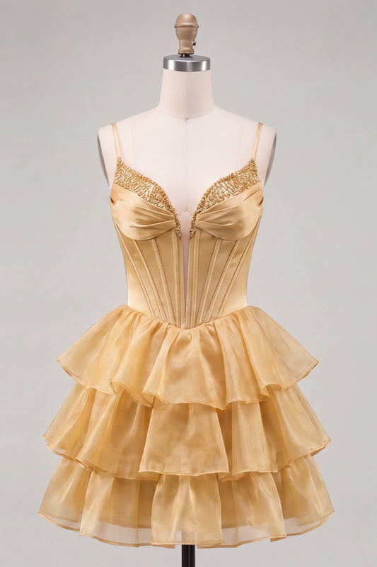 A-Line Gold Corset Tiered Beaded Short Homecoming Dress with Lace-Up Back