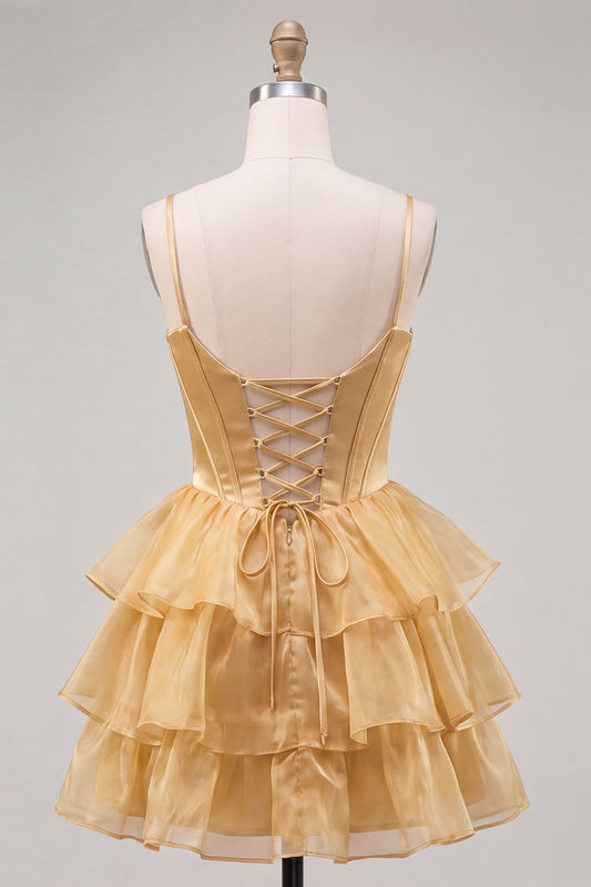 A-Line Gold Corset Tiered Beaded Short Homecoming Dress with Lace-Up Back
