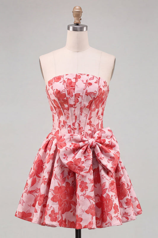 Robe de bal bustier jacquard fleuri rouge coupe A avec nœud