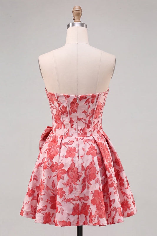 Robe de bal bustier jacquard fleuri rouge coupe A avec nœud