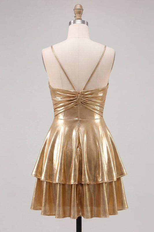 Gold A-Line Metallic Tiered Spaghetti Straps Short Cocktail Dress