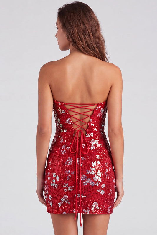 Robe de soirée bustier courte moulante à sequins rouges brillants des années 80