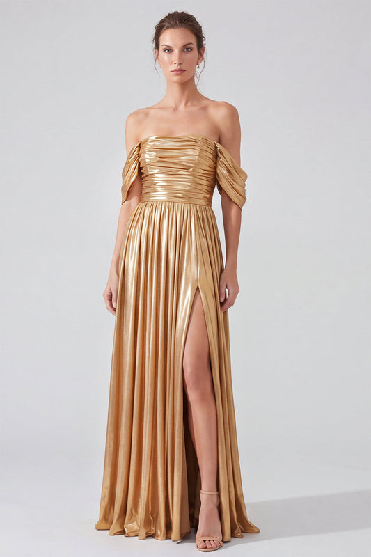 Off-the-Shoulder Gold Metallic Ruched A-Line Long Formal Dress with Slit