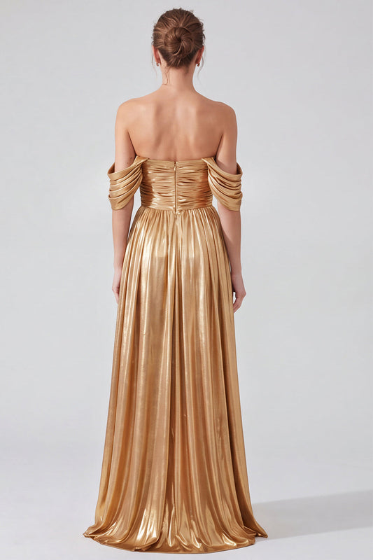 Off-the-Shoulder Gold Metallic Ruched A-Line Long Formal Dress with Slit