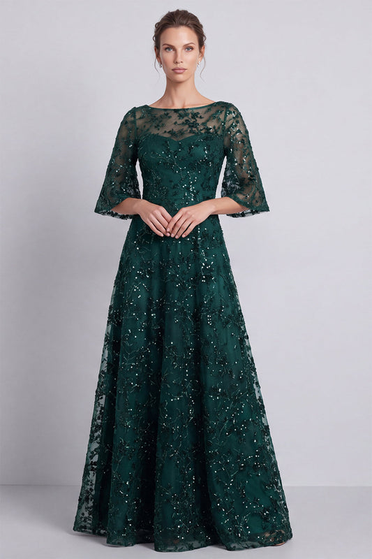 Robe longue trapèze vert foncé à col bateau et sequins pour la mère de la mariée