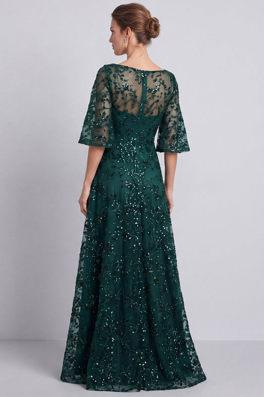 Robe longue trapèze vert foncé à col bateau et sequins pour la mère de la mariée