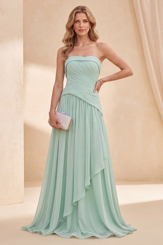 Robe longue ruchée en mousseline ligne A sans bretelles vert menthe