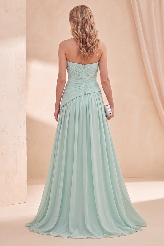 Robe longue ruchée en mousseline ligne A sans bretelles vert menthe