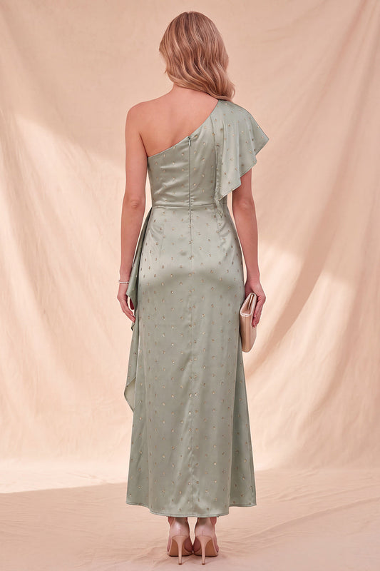 Robe longue sirène asymétrique en satin à volants et perles vert sauge
