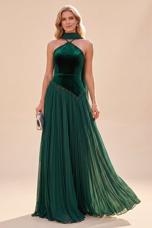 Robe longue plissée évasée vert foncé avec col style licou