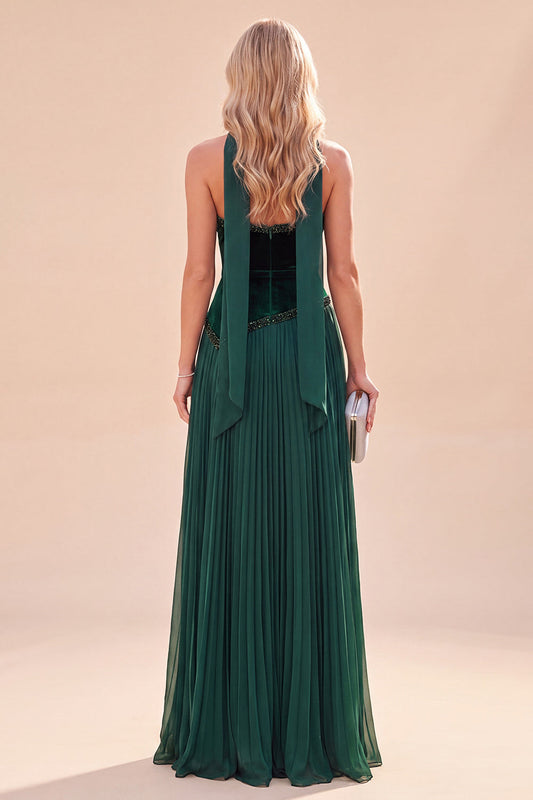 Robe longue plissée évasée vert foncé avec col style licou
