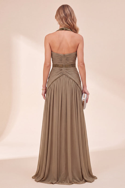 Robe longue trapèze kaki à col montant et perles