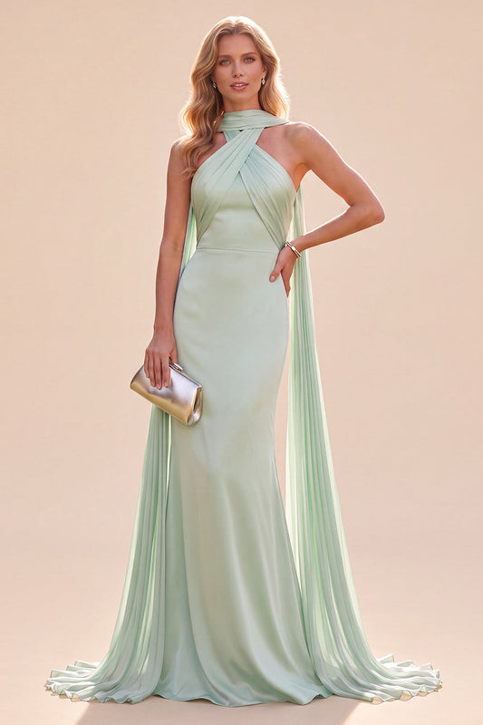 Robe longue sirène en satin vert menthe à dos nu avec écharpe