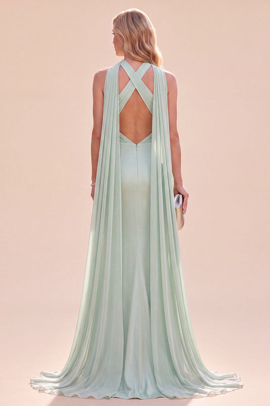 Robe longue sirène en satin vert menthe à dos nu avec écharpe