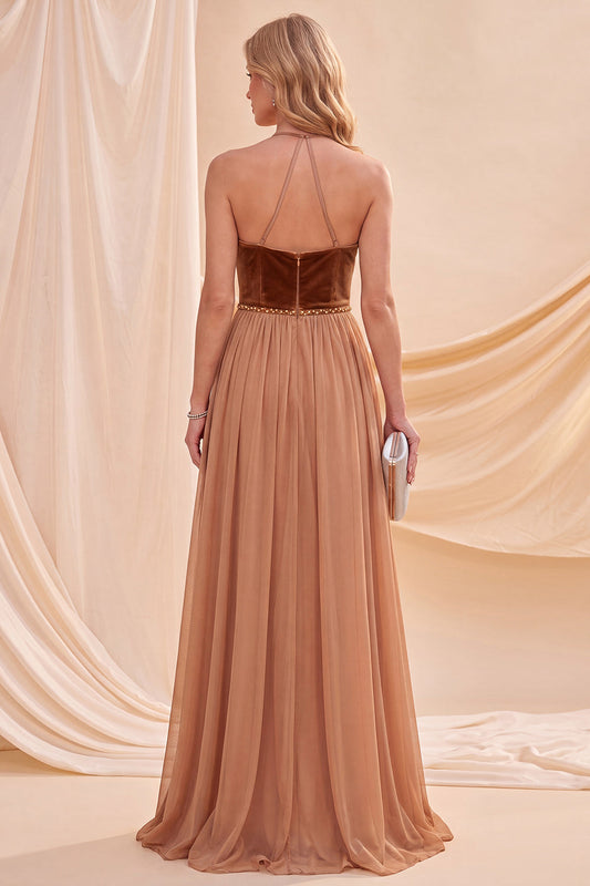Robe longue évasée kaki à col licou ornée de perles