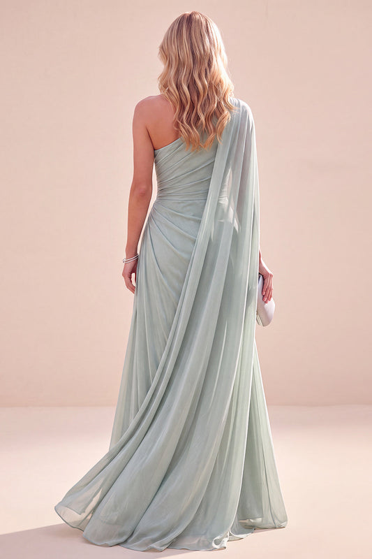 Robe longue asymétrique en mousseline plissée ligne A vert menthe avec cape