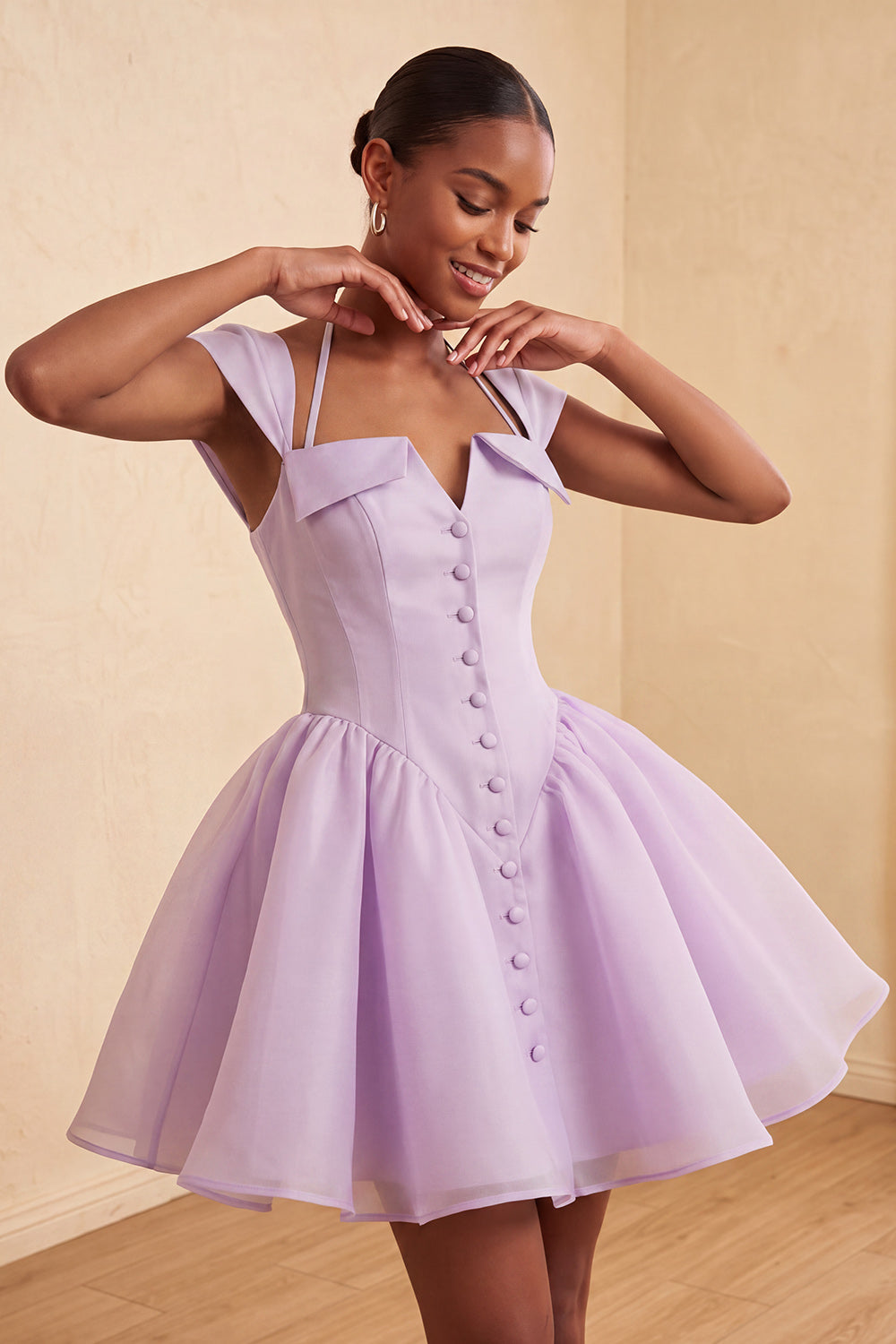Robe courte de bal de fin d'année vert menthe, coupe trapèze, à boutonnage simple et manches courtes