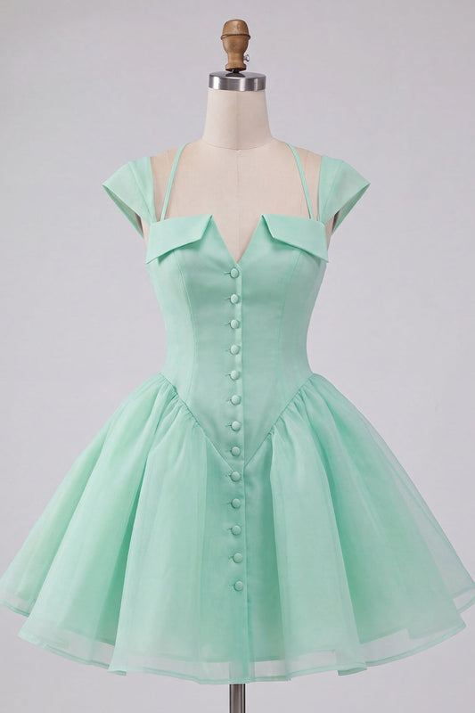 Robe courte de bal de fin d'année vert menthe, coupe trapèze, à boutonnage simple et manches courtes
