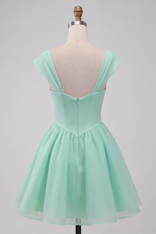 Robe courte de bal de fin d'année vert menthe, coupe trapèze, à boutonnage simple et manches courtes