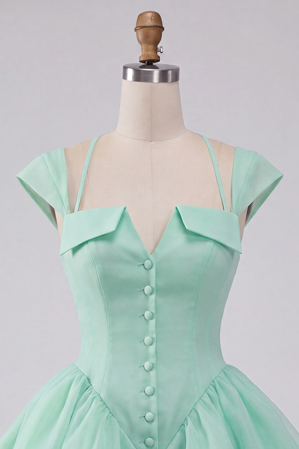 Robe courte de bal de fin d'année vert menthe, coupe trapèze, à boutonnage simple et manches courtes