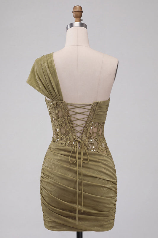 Robe de bal courte drapée à corset transparent olive à une épaule avec laçage au dos