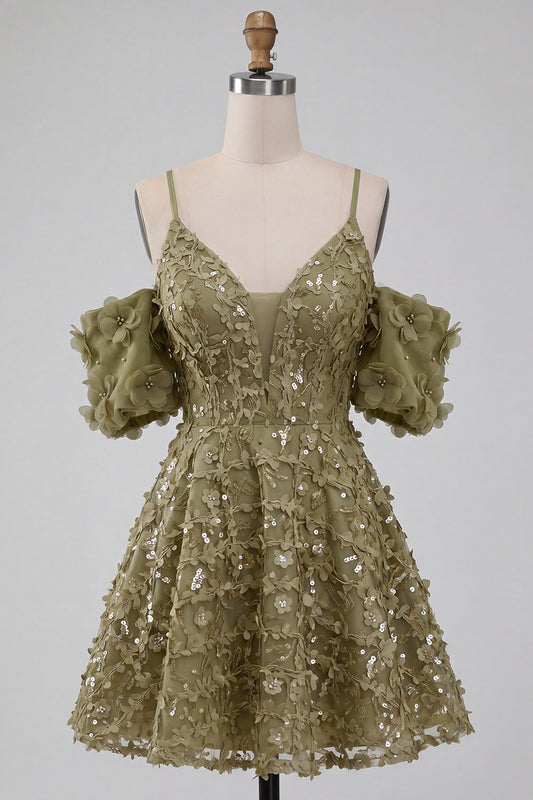 Robe courte trapèze de bal à sequins épaules dénudées Olive avec dos lacé