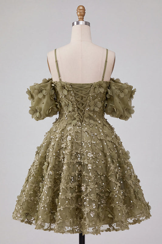 Robe courte trapèze de bal à sequins épaules dénudées Olive avec dos lacé