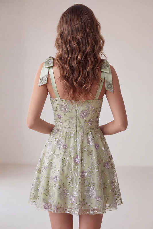 Dusty Sage A-Line Floral Thick Straps Short Homecoming Dress with Beading
