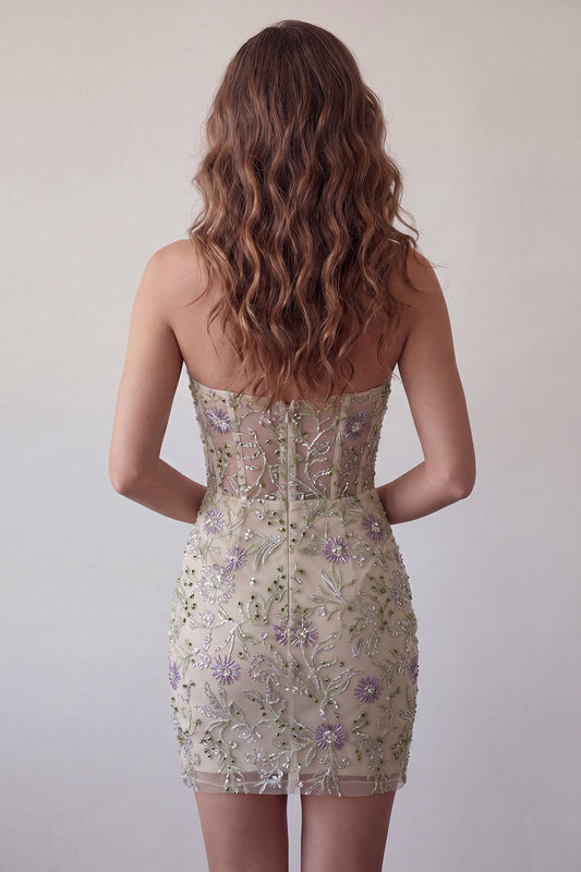 Sweetheart Dusty Sage Floral Sheer Corset Beaded Bodycon Short Homecoming Dress