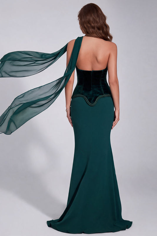 Robe de soirée bustier corset sirène perlée vert foncé avec écharpe assortie