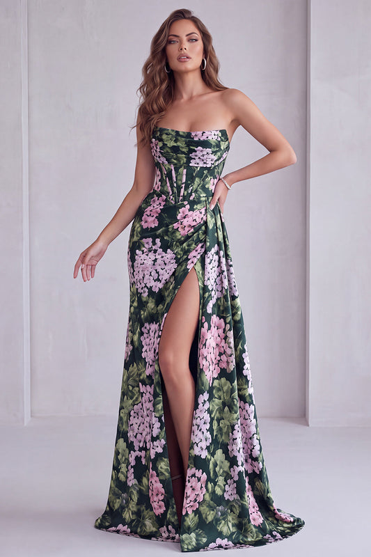 Dark Green Floral Strapless Corset Ruched A-Line Formal Dress with Slit