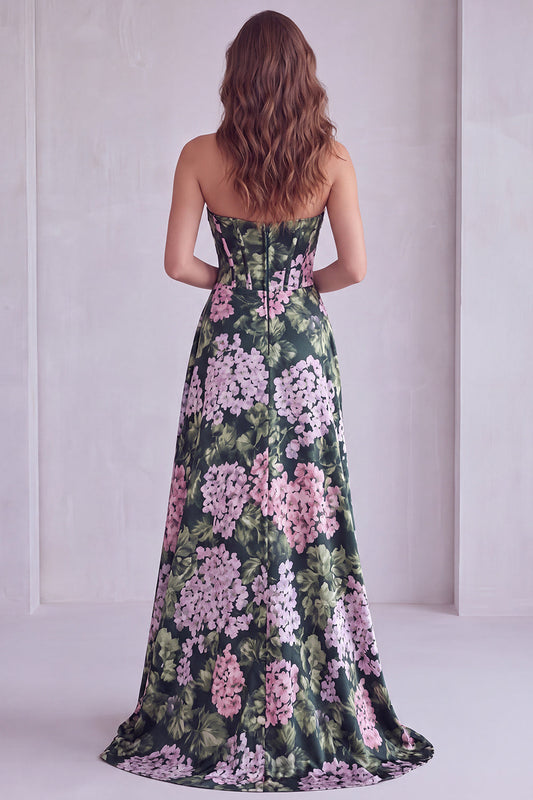 Dark Green Floral Strapless Corset Ruched A-Line Formal Dress with Slit