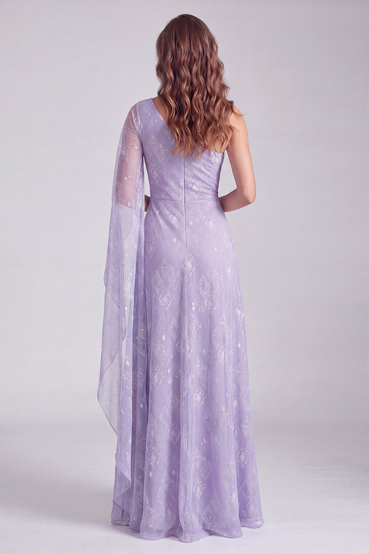 Robe de soirée fourreau asymétrique une épaule lilas avec cape latérale