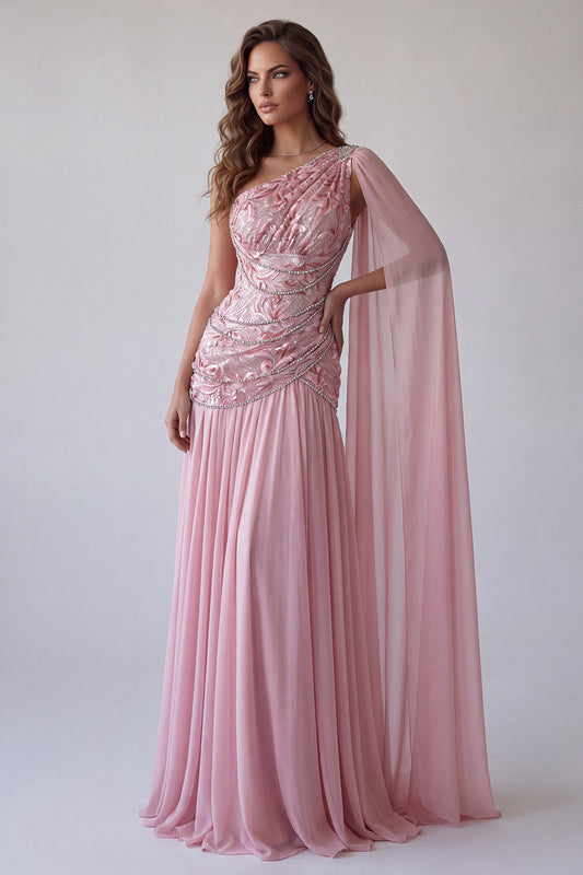 Robe de soirée asymétrique rose drapée avec perles et cape latérale
