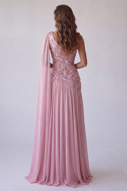 Robe de soirée asymétrique rose drapée avec perles et cape latérale
